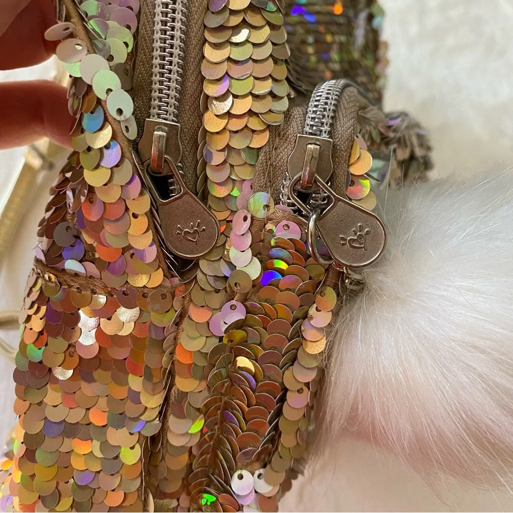 Justice‎ Mini Backpack Sequin Unicorn M with Pom Pom Gold White Silver